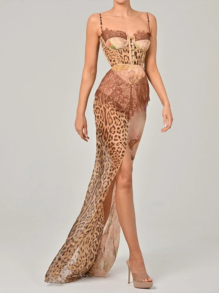 Woman Clothing Sleeveless Lace Patchwork Long Maxi Chiffon Dress Chic Sexy Spaghetti Strap Leopard Print Split Beach Dresses