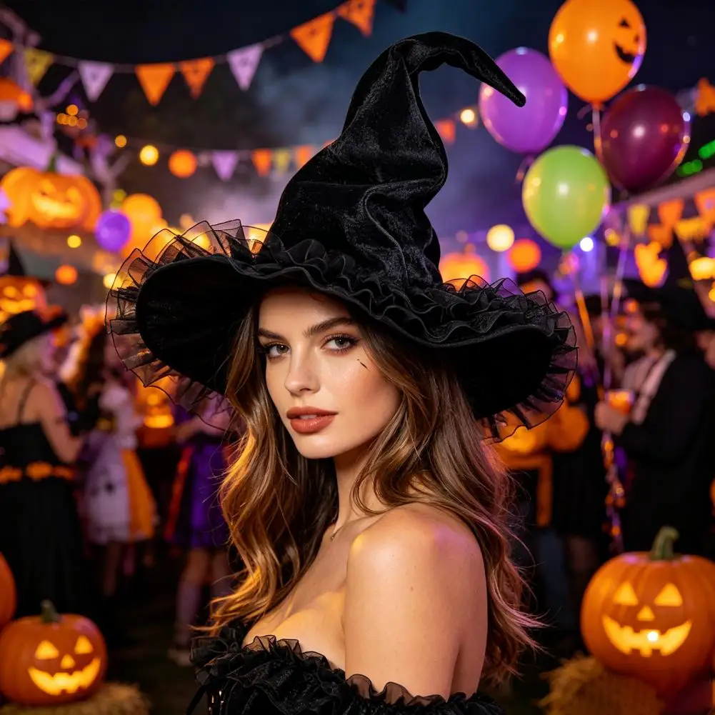 Face Slimming Witch Hat Velvet Witch Hat Women's Large Ruched Witch Hat with Ruffle Flowers Halloween Felt Wizard for Masquerade