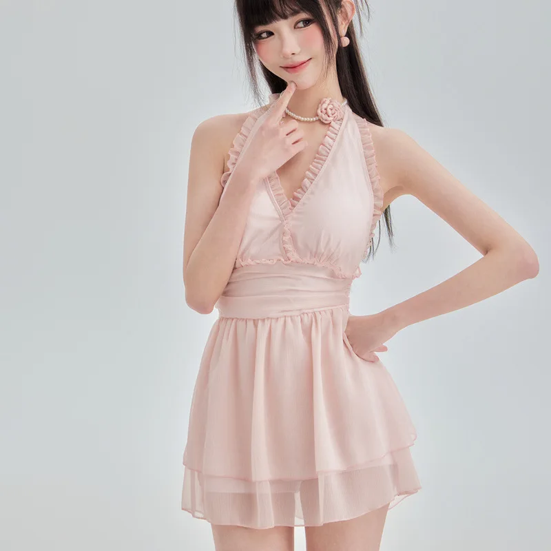 Lolita – maillot de bain une pièce pour filles, bretelles fines, couleur unie, volants, col licou, dos ouvert, robe conservatrice, pour femmes, plage