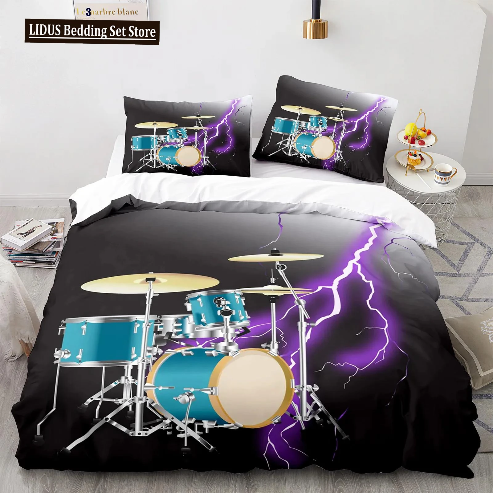 Drum Kit Duvet Cover Set Classical Music Comforter Cover Musical Instrument Lightning Pattern Quilt Cover For Kids Boys Teens