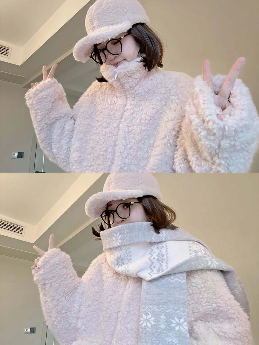 

CallmeEar Peach Milkake Thiened Lamb Fur Jaet Women's Winter Korean Sle Stand Collar Warm Top Casual Loose Fit Long S...