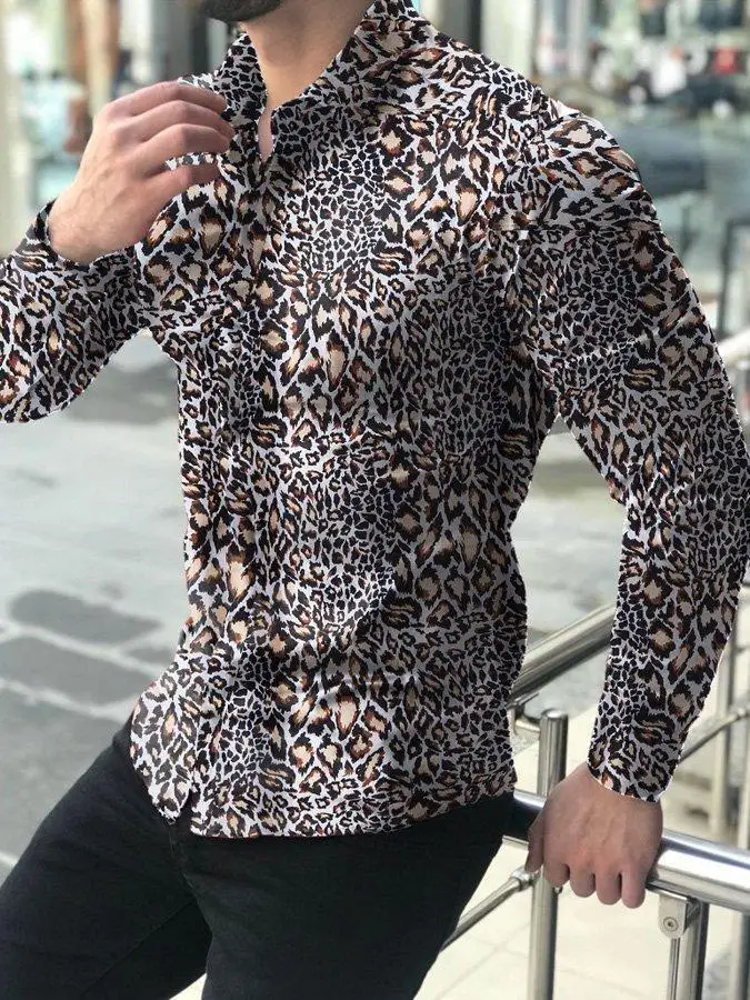 

New Men's Natural Leopard Print 3D Printed Shirt with Long Sleeve Lapel Simple Retro Hawaiian Vacation and Casual Business Shirt