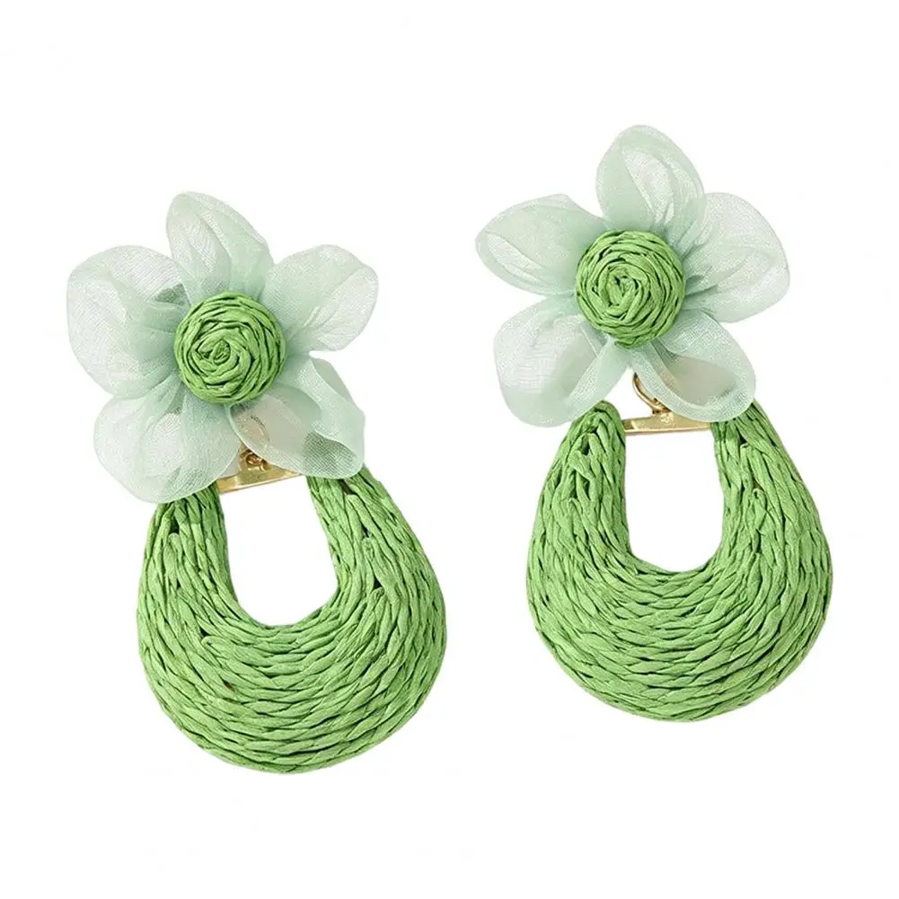 Layered Mesh Flower Earrings Boho Raffia Flower Drop Earrings Handmade Rattan Statement Dangle Jewelry Summer Beach for Women