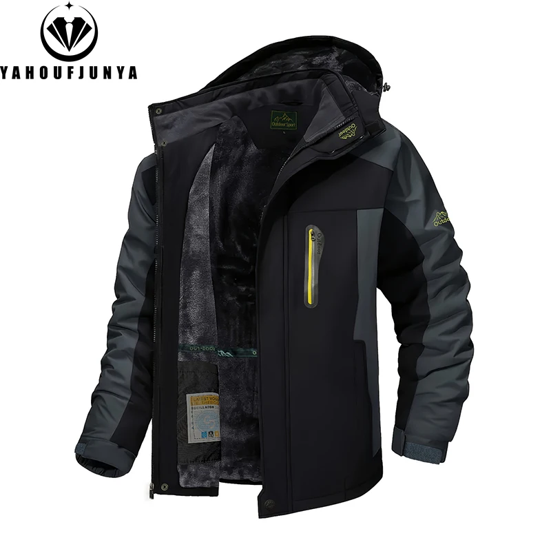 

9XL New Winter Men Outwear Fleece Warm Removable Hooded Jacket Men Outdoor Skiing Windbreaker Waterproof Casual Jacket Coat Male