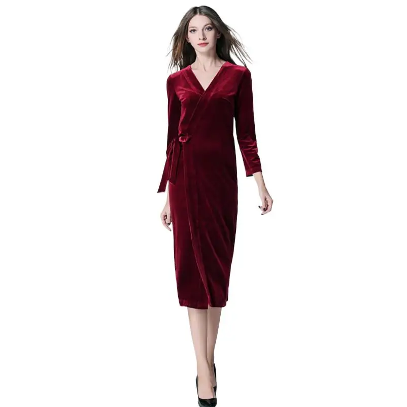 

Velvet Bodycon Long Sleeves Midi Party Dress Elegant Slim Vintage Office Work Dress Women Vestidos 2024 10 Color