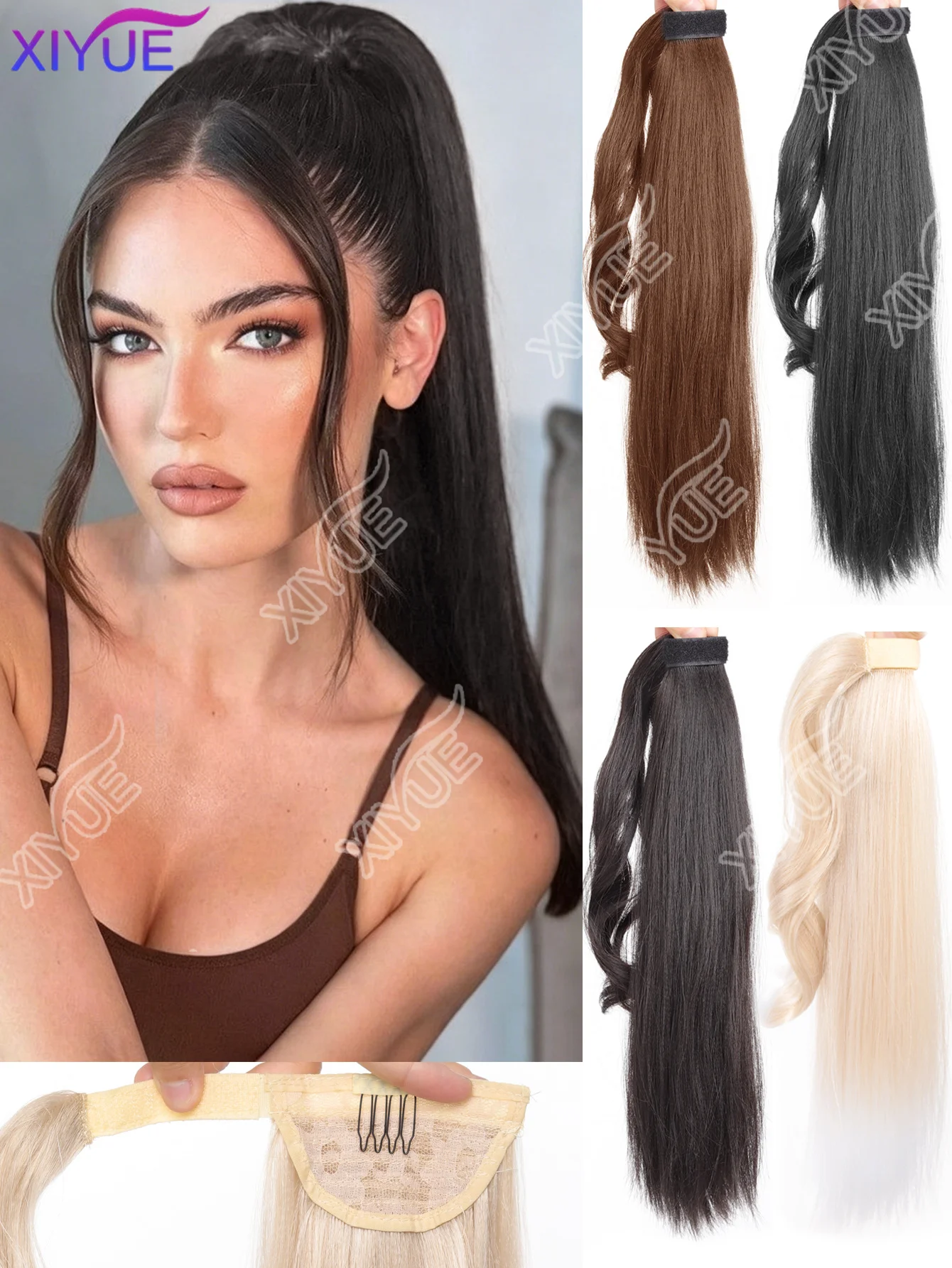 

XIYUE Synthetic Straight Ponytail Wrap Around Clip In Hair Extensions Hairpiece Fiber Black Blonde Fake Hair Pony Tail