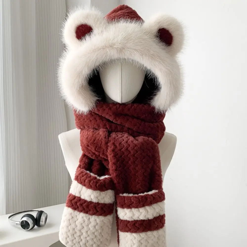 High-Value Bear Protection Hat Soft Plush Pullover Integrated Cap Gloves Scarf Windproof Thickened Design Ear Protection Hat