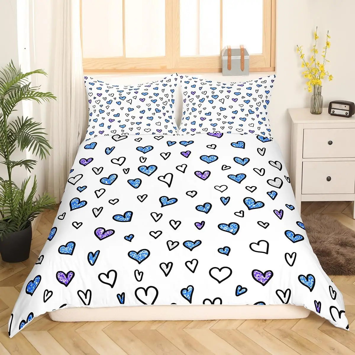 

Valentine's Day Bedding Set Doodle Style Little Heart Duvet Cover Purple Red Comforter Cover Love Theme Polyester Quilt Cover