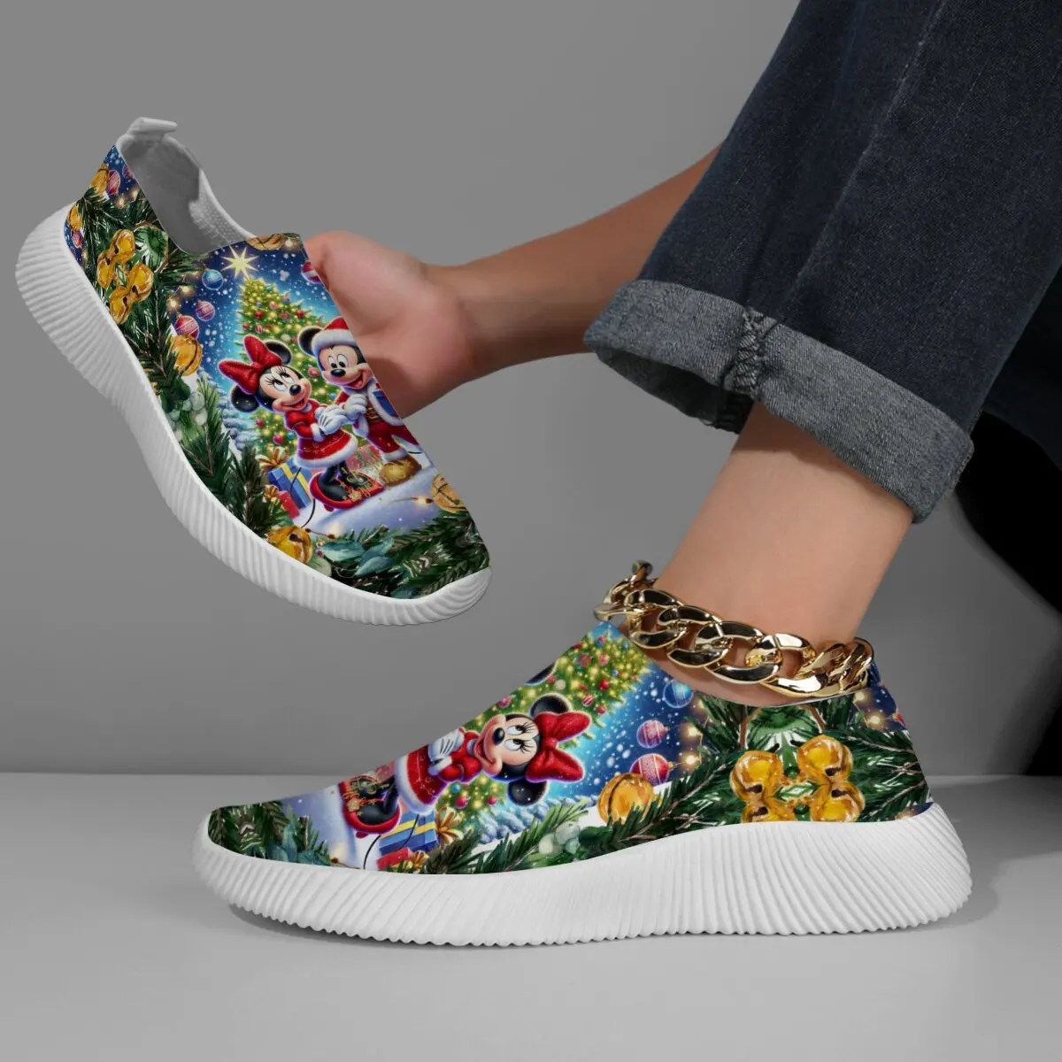 

Прогулочная обувь, женская обувь без шнуровки с украшениями в виде рождественской елки и Минни Маус, спортивная обувь Disney, модные кроссовки на платформе