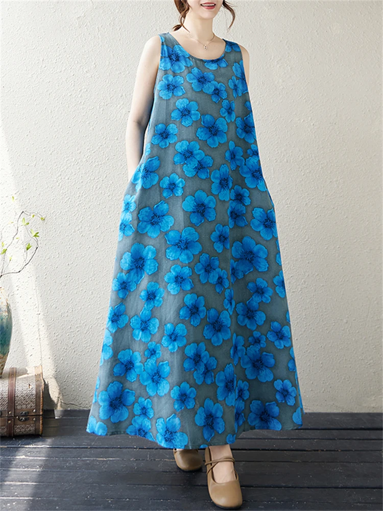 Cotton Vintage Sleeveless Dresses For Women 2024 New Summer Casual Loose Long Print Dress Femme Robe Vestidos Elegant Clothing