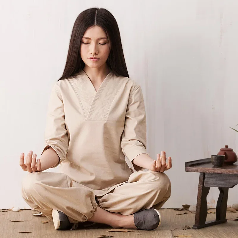 

Женская униформа для медитации Тай-Чи, льняной свободный свитер + брюки, повседневный комплект для упражнений, фитнеса, кунг-фу, йоги, комплект боевых искусств, спортивная одежда