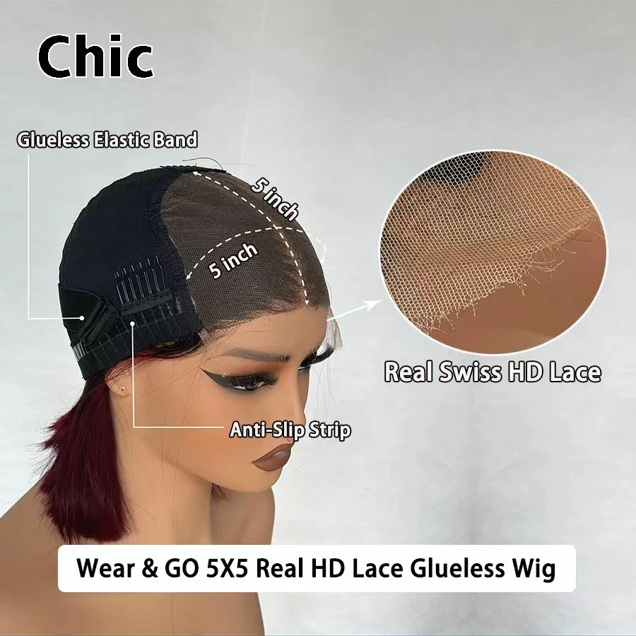 200gm بوب شعر مستعار 100% شعر الإنسان الخام عذراء قصيرة غلويليس 5x5 ريال HD الدانتيل إغلاق الباروكات مزدوجة تعادل # 99j الباروكات الملونة ارتداء والذهاب #6