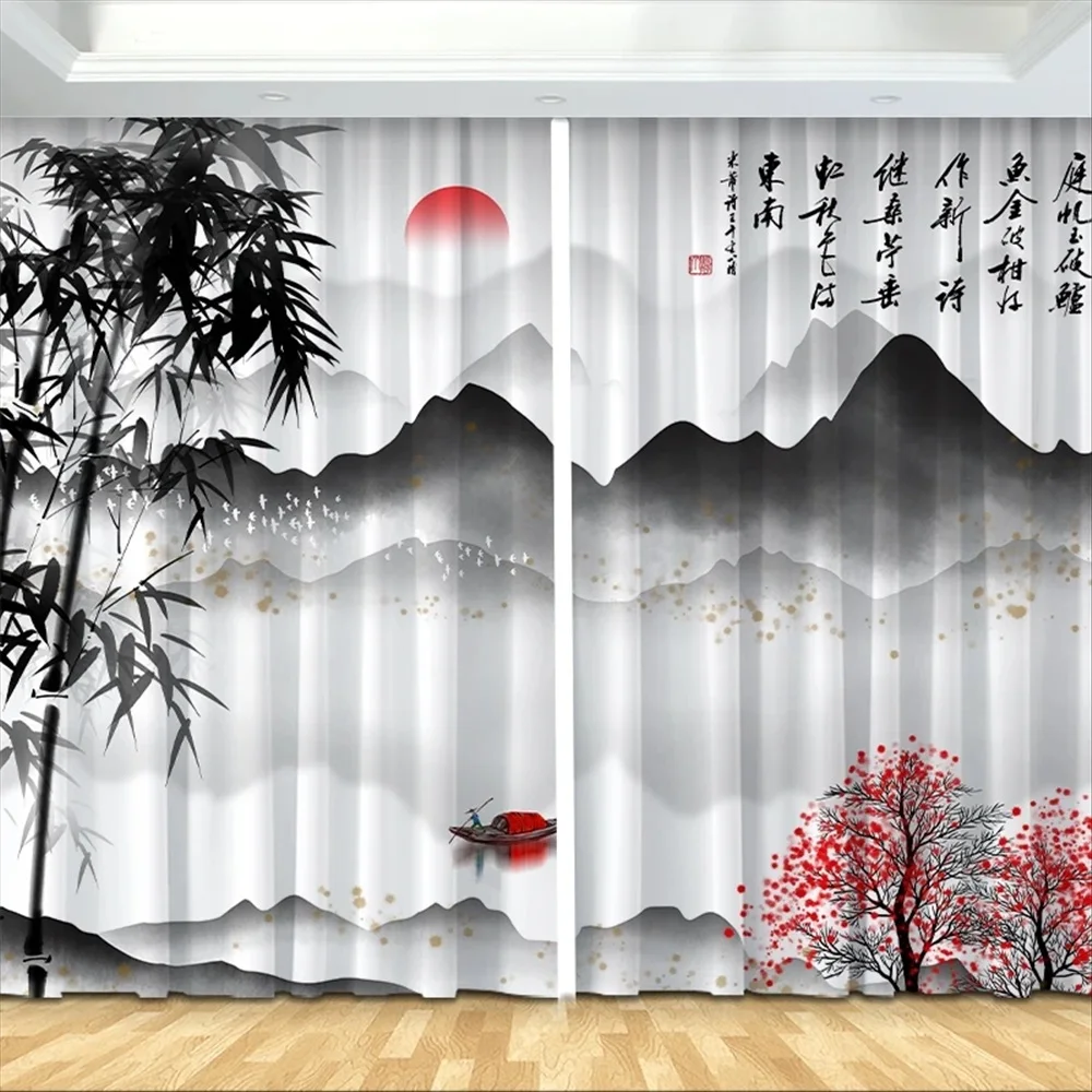 Custom National Style Zen Ink Bamboo Shade Print Blackout Curtain Non-fading Bedroom Living Room Floor-to-ceiling