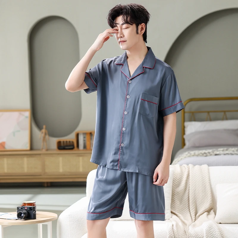 New Summer Solid Color Pajamas Set Mens Big Yards Silk Satin Pyjamas Male Short Sleeve Shorts Nightgown Chinese Silk Sleepwear