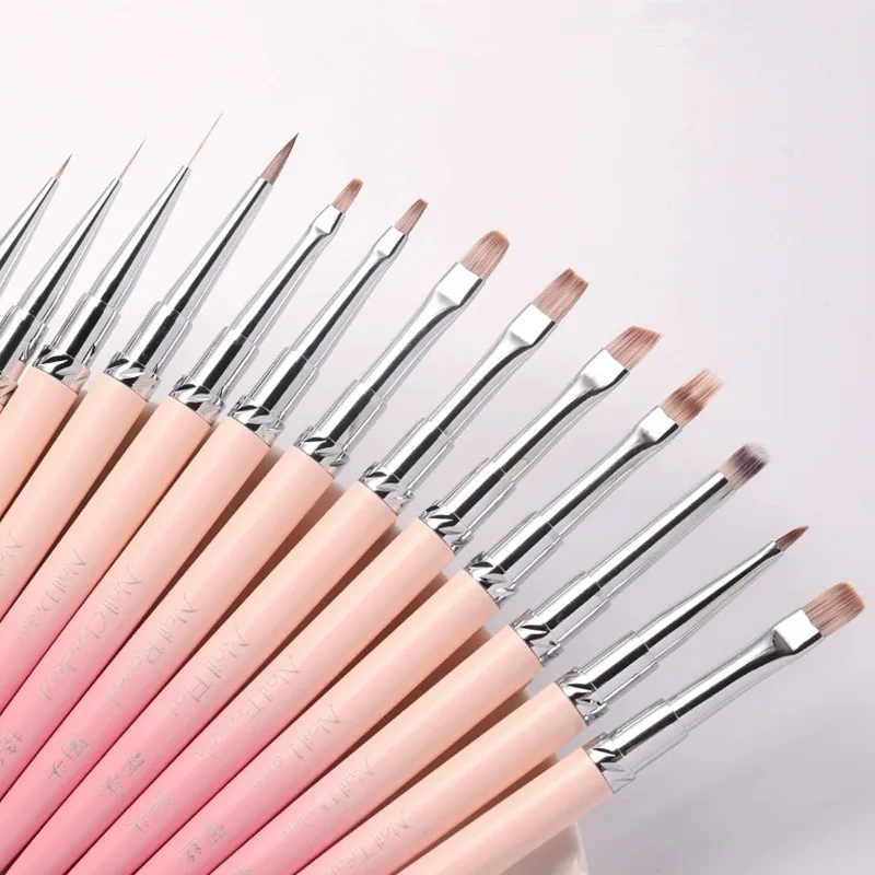 Pennelli da disegno per unghie con manico sfumato rosa 13 stili per linee di manicure Pittura con penna da disegno per costruttore di estensioni GEL UV sfumate
