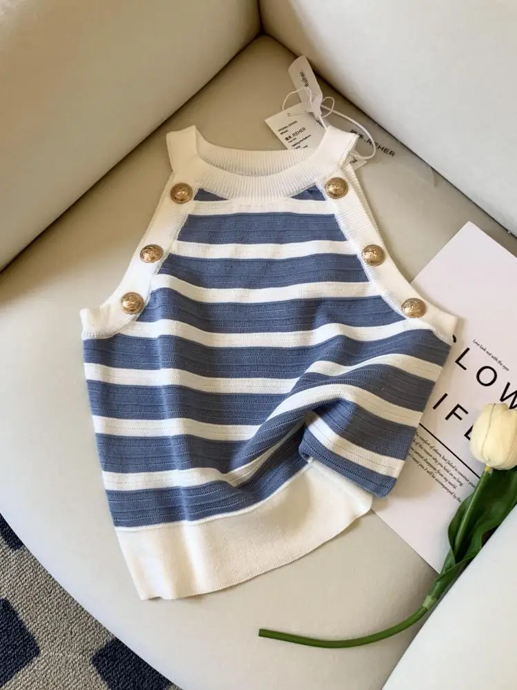 

Korean Women Spring Summer Blue Stripe Patchwork Sexy Round Neck Off Shoulder Sleeveless Festival Knitted Short Vest Tops Trendy