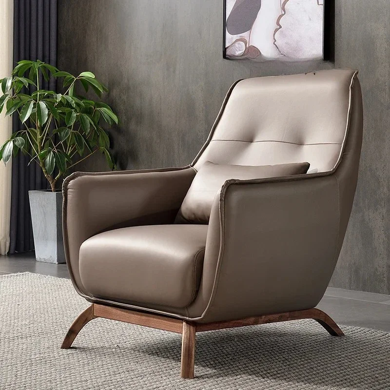 

Italian Minimalist Black Walnut Leisure Recliner Designer Model Light Luxury Living Room Balcony Leather Sofa