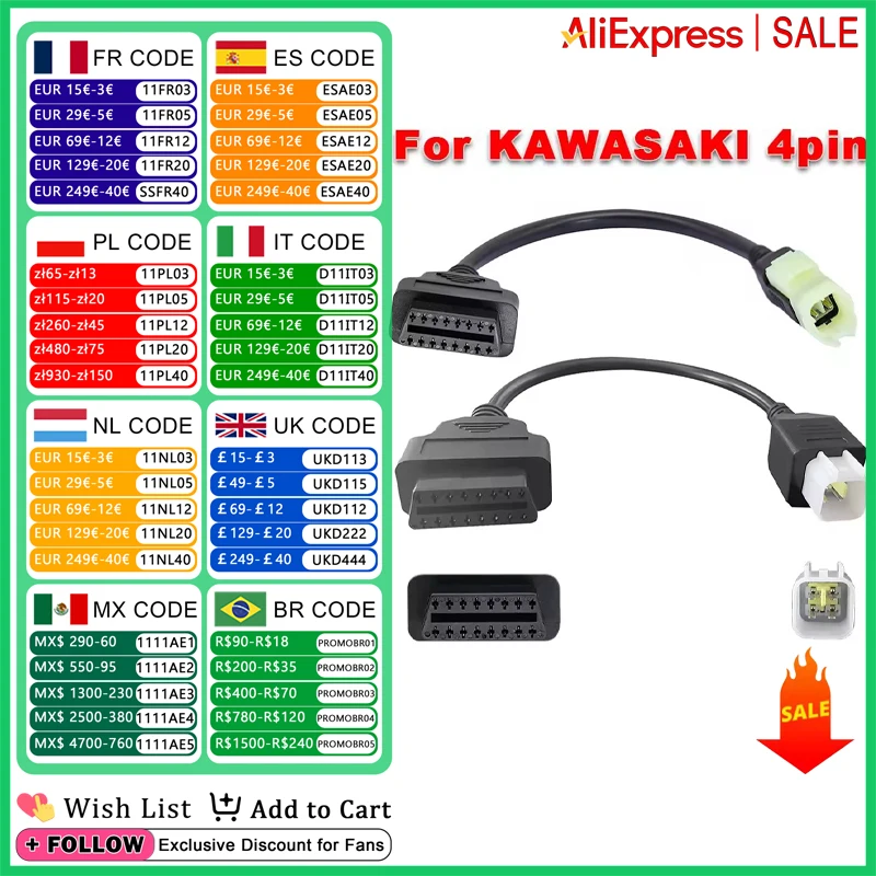 

For Kawasaki 4Pin OBD2 Diagnostic Cable for Z250, Z650, Z1000, ER6N, EX650F, Ninja400 Motorcycle OBD Adapter Convertor Connector
