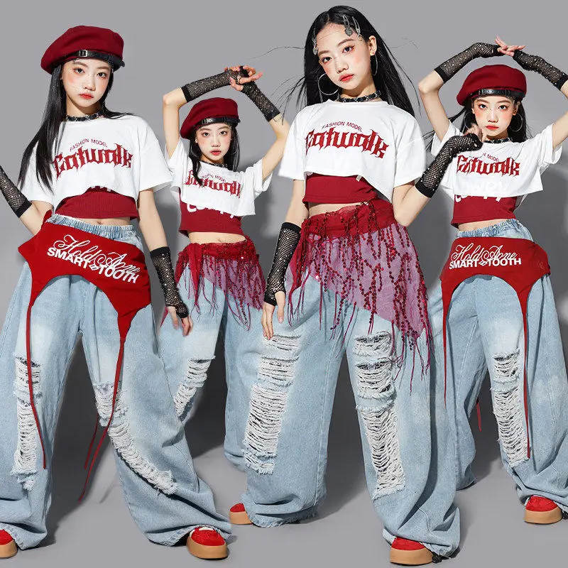 

2026 Girl Jazz Dance Clothes Kpop Performance Stage Wear Crop Top Denim Pants Hip Hop Street Dance Show Kid Streetwear AMY3381