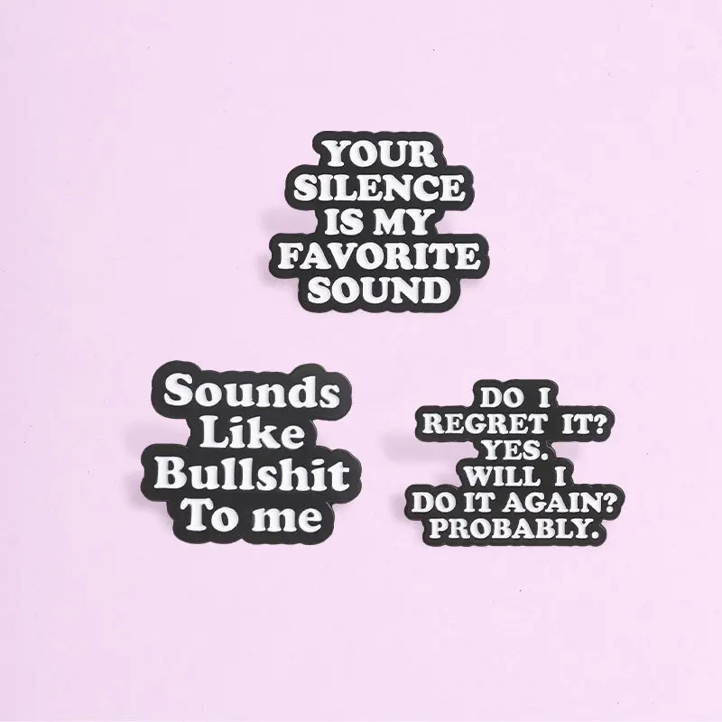 Cartoon Creative Black White English Letter Short Sentence Trendy Alloy Brooch Casual Commute Badges Pins DIY Clothing Bags Hat