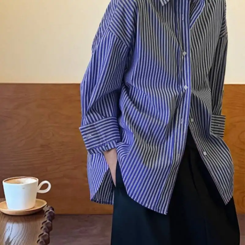 

Blue White Striped Shirt for Women Classic Preppy Style Loose Fit Wrinkle Resistant High Quality Casual Office Shirt