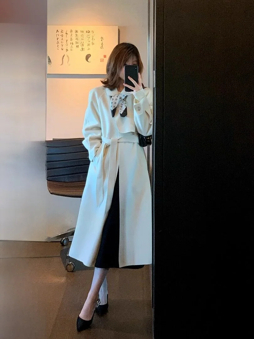 

Double-Sided Woolen Coat with Belt Casual Loose Female Outerwear Mid-Length Korean Style Commute Pure E-commerce Sale