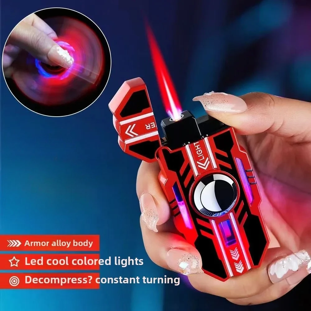 

Fashion Mecha Rotatable Luminous Windproof Red Flame Fingertip Decompression Gyro Lighter Inflatable Butane Cigarette Lighter