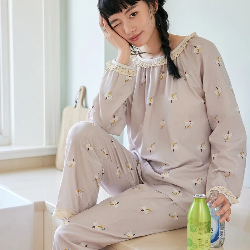 春夏の純粋な綿長袖パジャマ女性レースルーズカジュアルホーム服通気性アウターセット花柄プリント