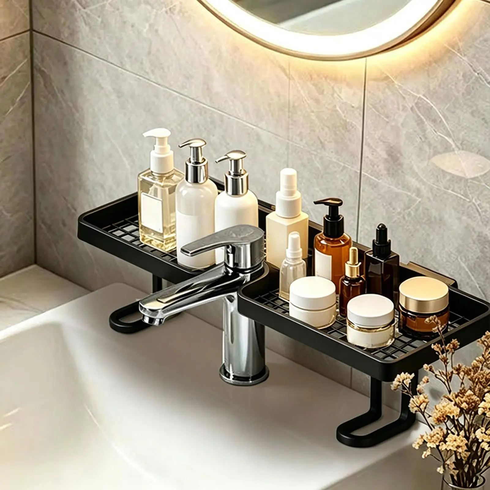 50cm Bohrfreies Schnellablauf-Badezimmer-Waschtischregal über der Armatur für Zahnbürsten, Becher, Kosmetik, Shampoos, Küche, Hotel, Wohnheim – Detail 9