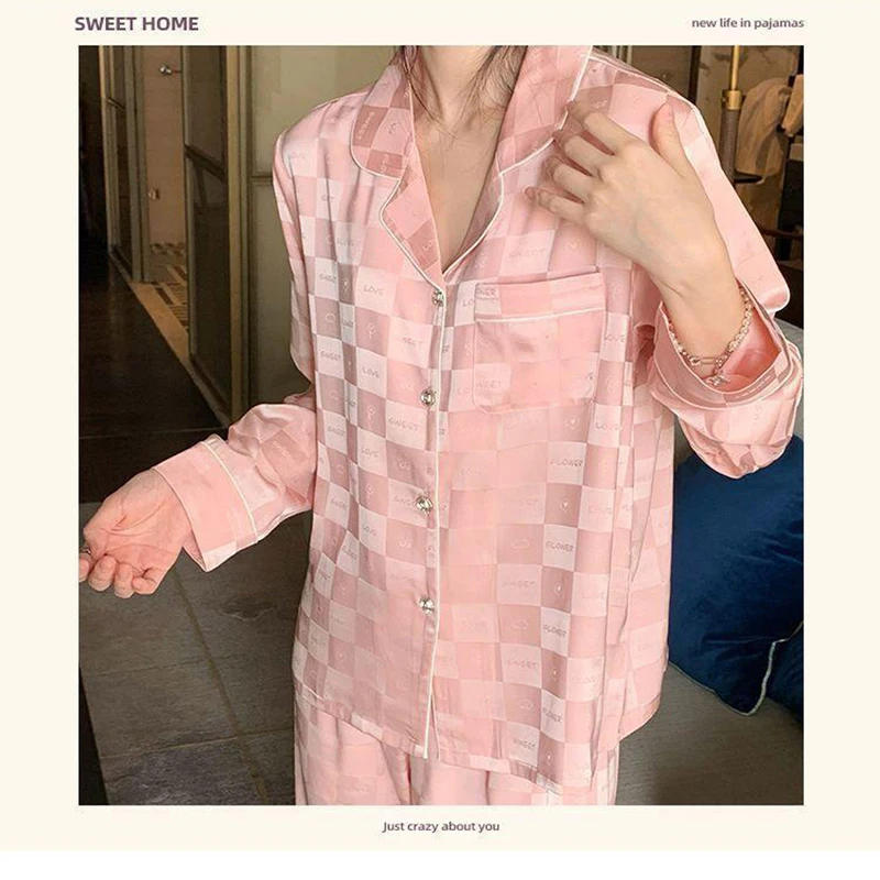 Ice Silk Pyjamas Women Plaid Long-Sleeved Trousers Suit Homewear Senior Sense of Large Size Suit Loose Summer