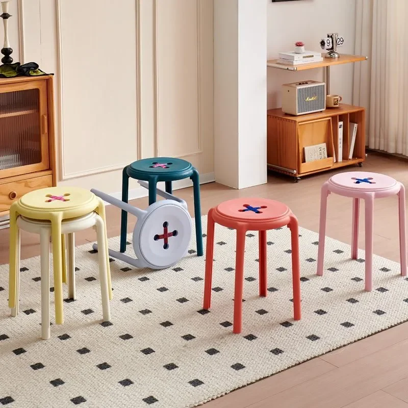 Thickened Plastic Stacked Stool Modern Simple Round Bench for Dining Table Living Room Guest Spare Seat Button Design