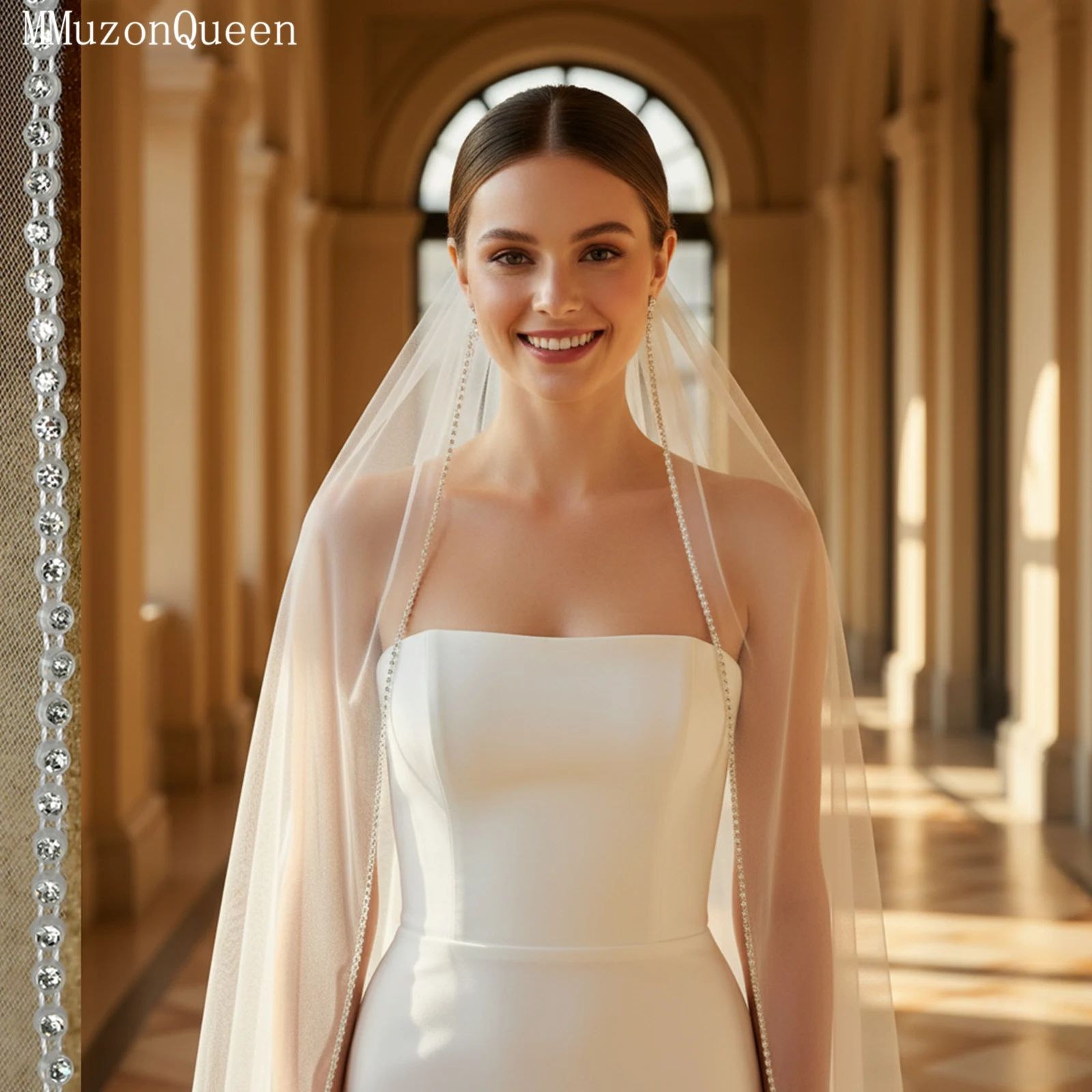 

TOPQUEEN Элегантная фата со стразами и бисером, свадебная фата с краями со стразами, свадебные аксессуары, настраиваемая V138