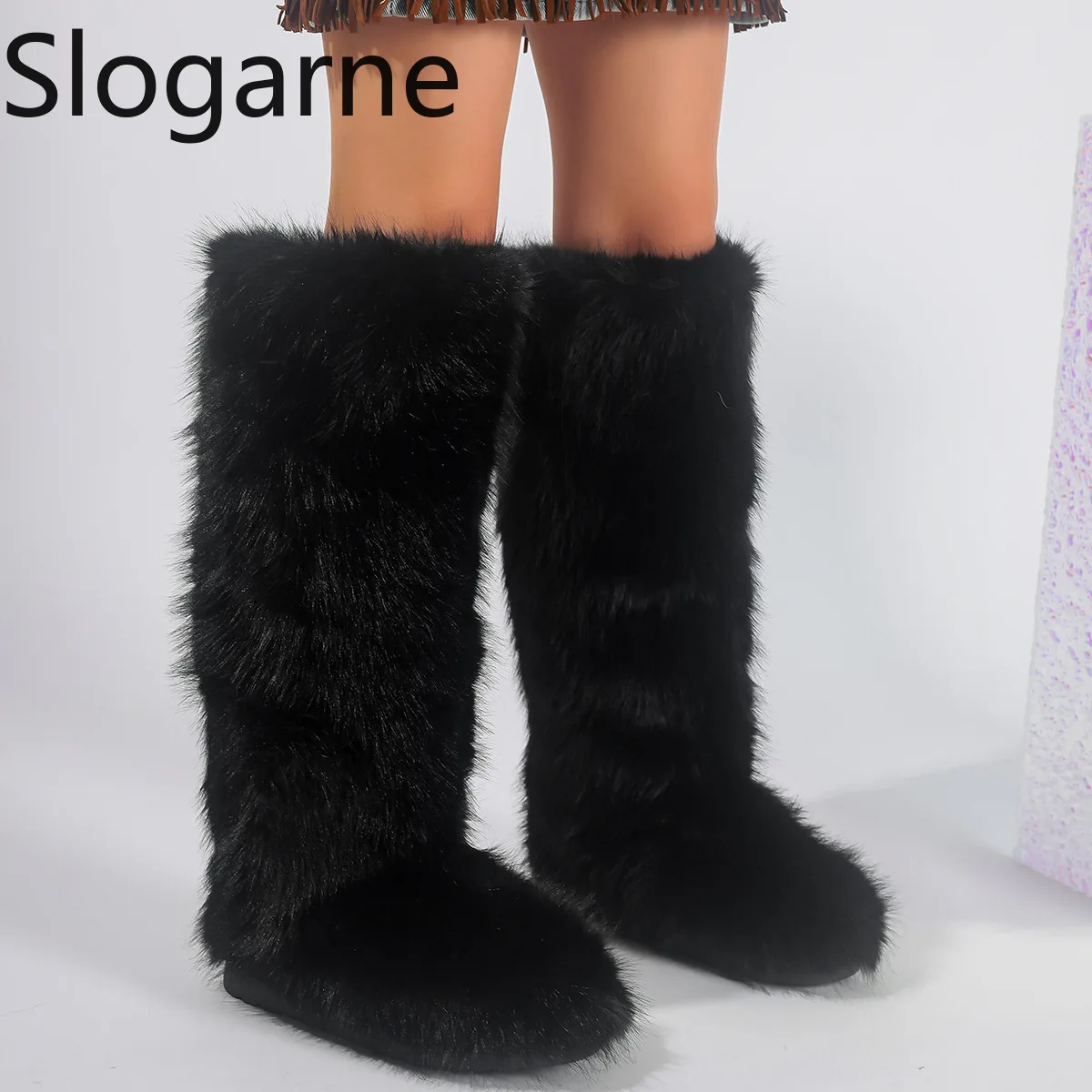 Women New Faux Fox Fur Long Boots Knee High Light Colour Fur Snow Boots Ladies Platform Push Shoes Drop Shipping Winter Shoes