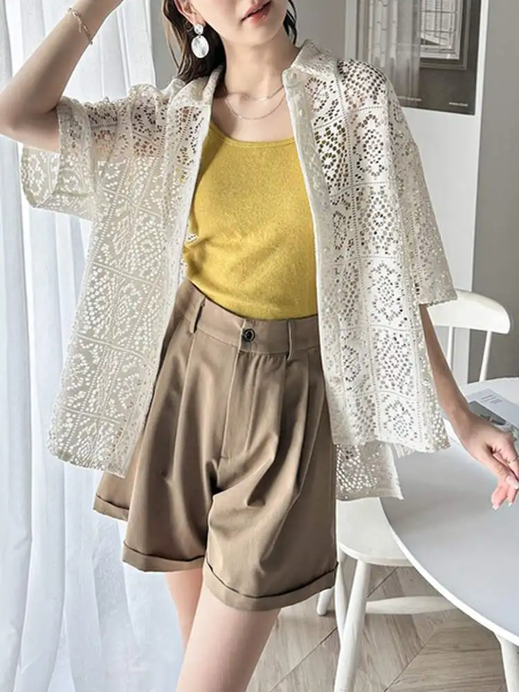 بلوزة نسائية فضفاضة غير رسمية من ort Sve دانتيل irt بلوزة صيفية عصرية متعددة الاستخدامات مفتوحة من مادة البوليستر