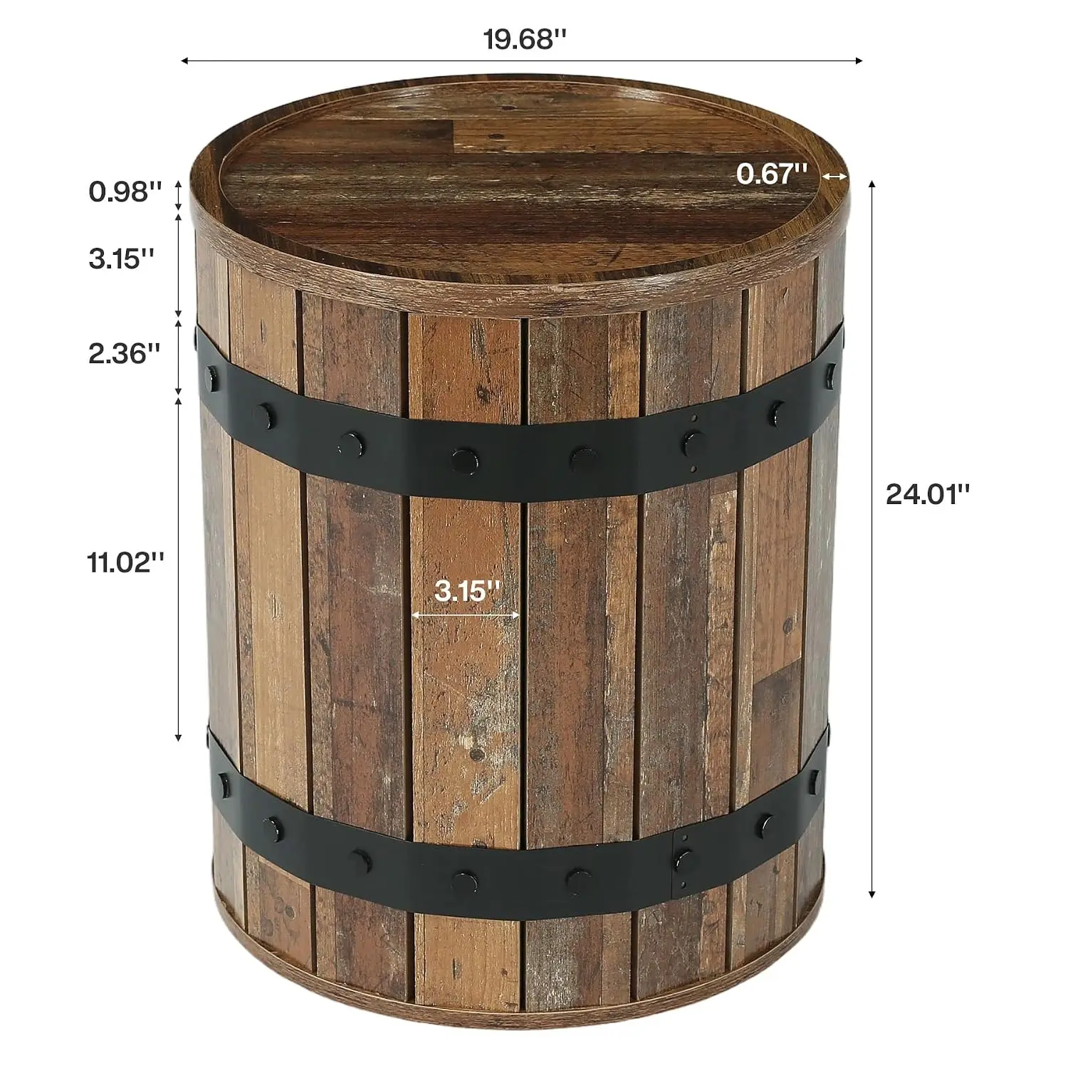 Rustic Wood Round End Table With Hidden Storage & Removable Lid, 24