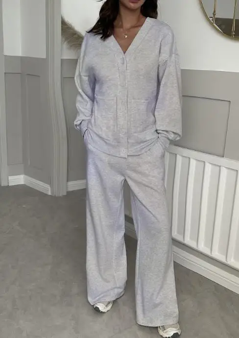 

Two Piece Set Women Outfit 2025 Spring Autumn New Solid Color V-Neck Long Sleeve Pocket Top & Casual Button Wide Leg Pants Set