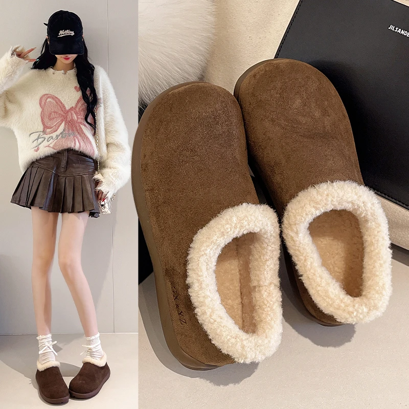 รองเท้าผ้าพลัฌแฟชั่นปี 2025 บุขนด้านใน รองเท้าผ้าฝ้ายสำหรับผู้หญิงใส่สบายในฤดูหนาว เข้าได้กับทุกชุด หัวกลม