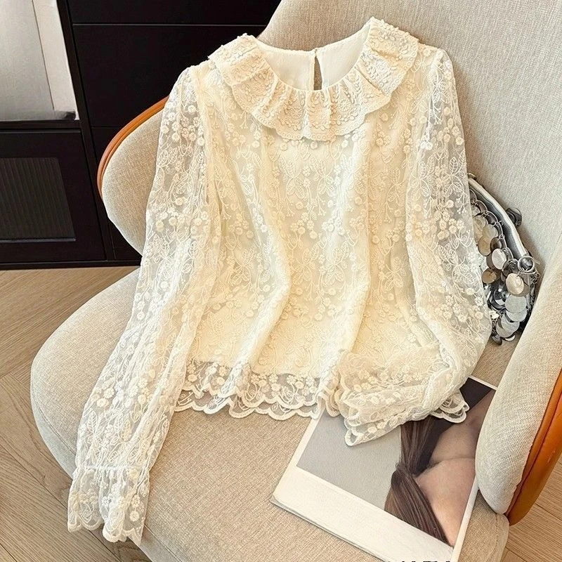 Blusas de Moda para Mujer 2026, Blusa con Bordado de Flores de Encaje, Ropa Femenina, Camisas con Cuello Dulce, Blusas Vintage con Mangas Acampanadas