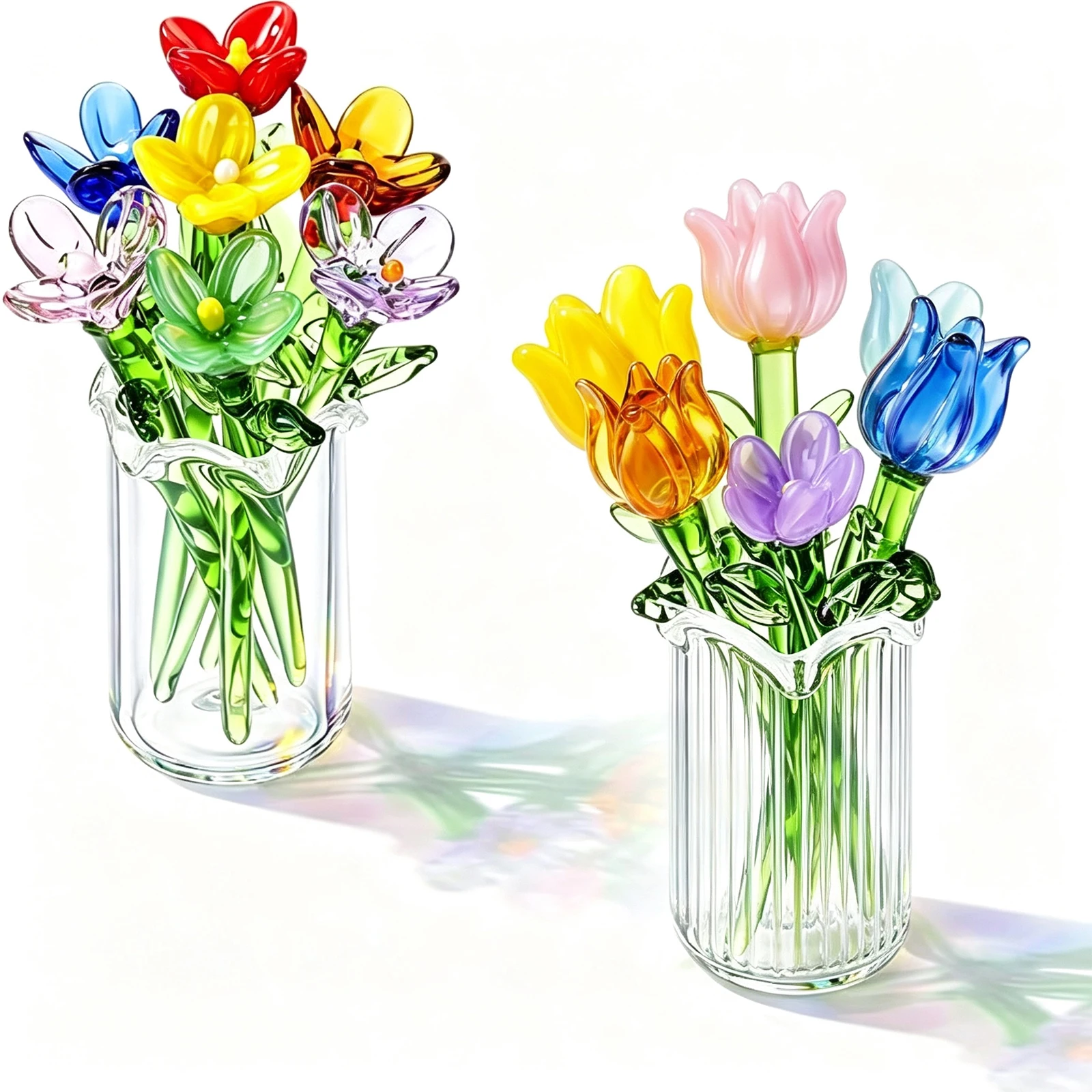 Mini Glass Flowers Bouquet Table Centerpiece Colorful Flowers Vase Gift Craft Ornaments for Women Mother's Day Home Office Decor