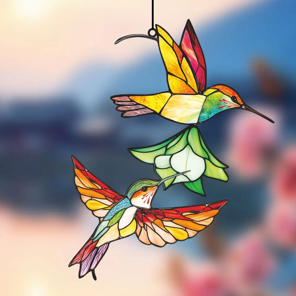 Colored Window Bird Pendant Metal Stained Glass Handicraft Wall Hanging Bird Ornament Garden Balcony Hummingbird Yard Home Decor