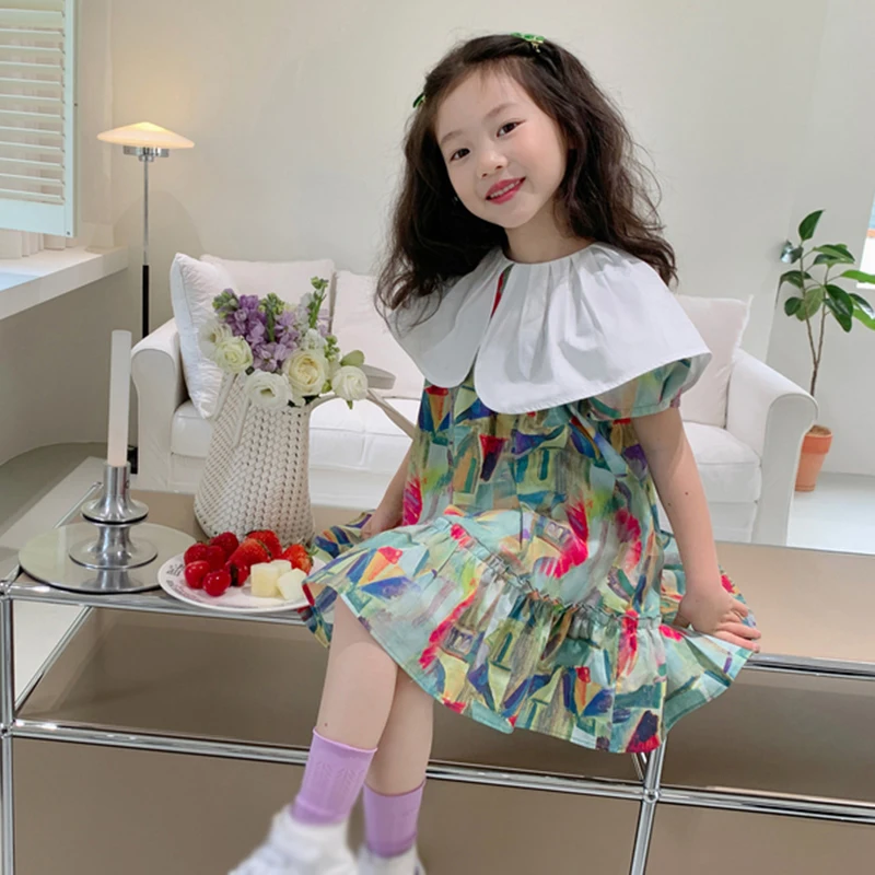 

Girls Casual Dress Summer Baby Soft Cotton Breathable Sundress Kids Ink Painting Princess Dress Children Pleated Dress 3-8Years