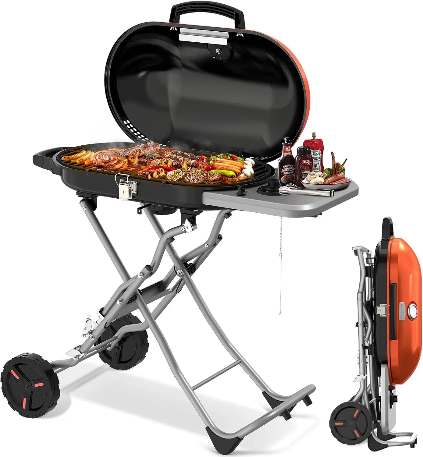 

RoadTrip Portable Propane Gas Grill,15,000 BTU BBQ Grill with Top Cover Lid,Folding Legs & 2 Wheels, 406 sq.in. Grilling Areas,