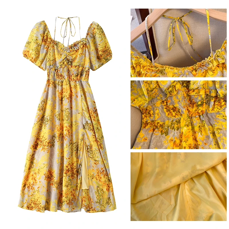 Summer Plus Size Women's Casual Chiffon High Waist Short Sleeve Dress Yellow Floral Split Dress Casual Seaside Beach Style