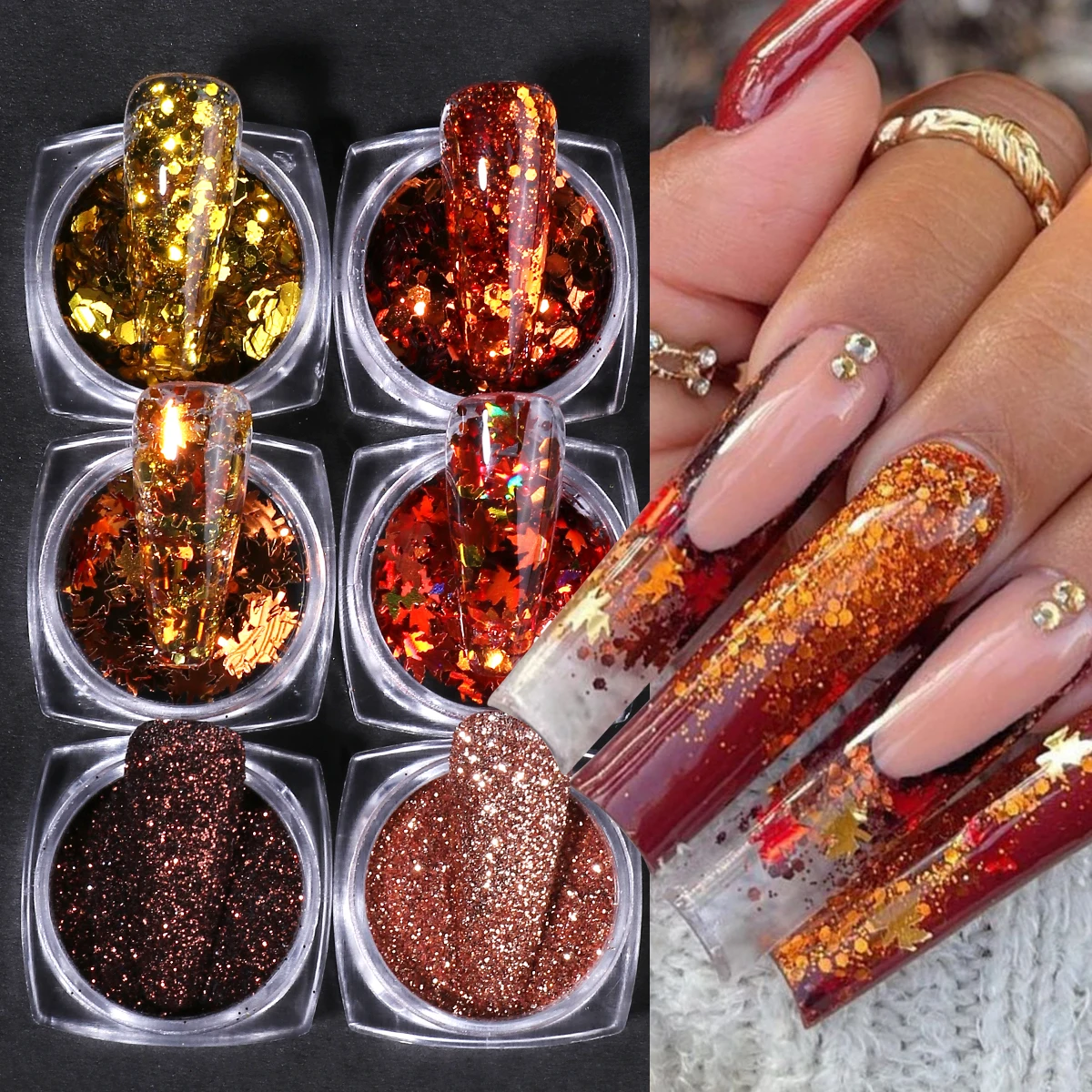 6pcs Maple Leaf Nail Sequins Mixed Hexagon Diamond Powder Design Autumn Winter Style Mirror Paillettes Manicure Slices Spangles