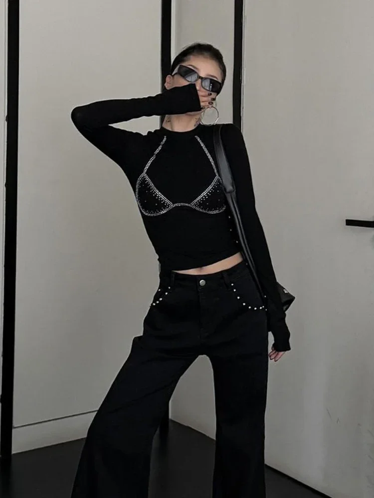 Women T Shirts Vintage Hot Drill Sexy Slim Autumn New Fashion Crop Tops Y2k Grunge Sexy Female Casual Tee Shirt