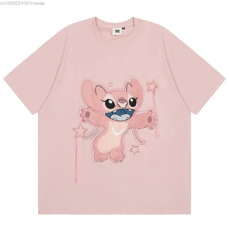 Disney Cute Stitch Printed Short Sleeve Black T-shirt Women\'s Summer New Hip Hop Grunge Pink White Tee Top Fashion Girls Clothes