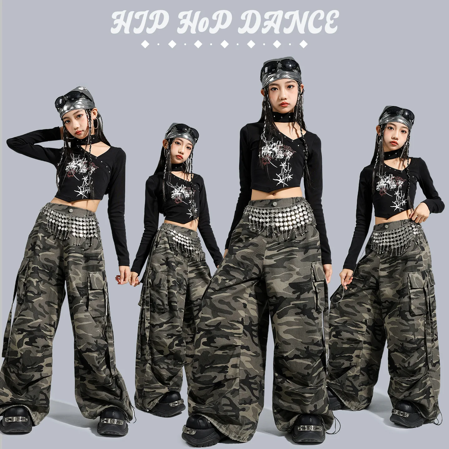 Fashion Teen Girls Hip Hop Street Dance Costume Crop Top Camo Pants Cool Jazz Dance Outfit for Stage Performance Catwalk Show