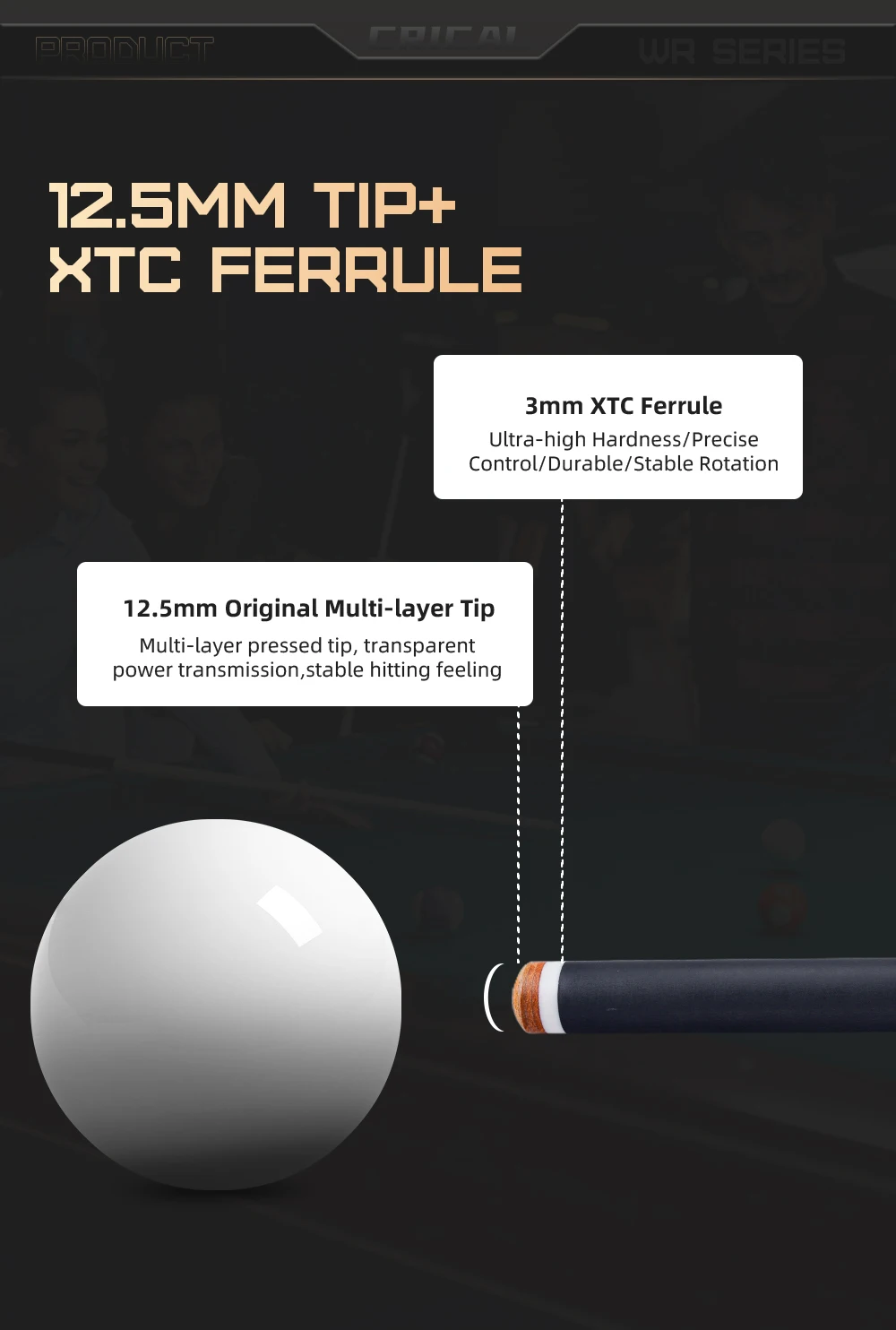 Carbonfaser-Billardqueue mit geringer Ablenkung, professioneller 12,5-mm-Spitzengröße, 3/8x8-Gelenk, Lederummantelung, 58 Zoll, 19-20 Unzen, Billard-CRICAL – Detail 4