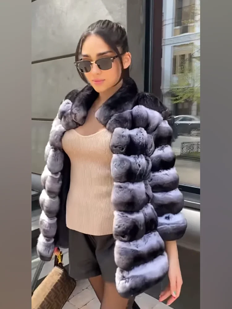 Natural Chinchilla Fur Coat Women Fashion Luxury Loose Stand Collatr Outertwear Strip Sewed Rex Rabbit Real Fur Jacket Female