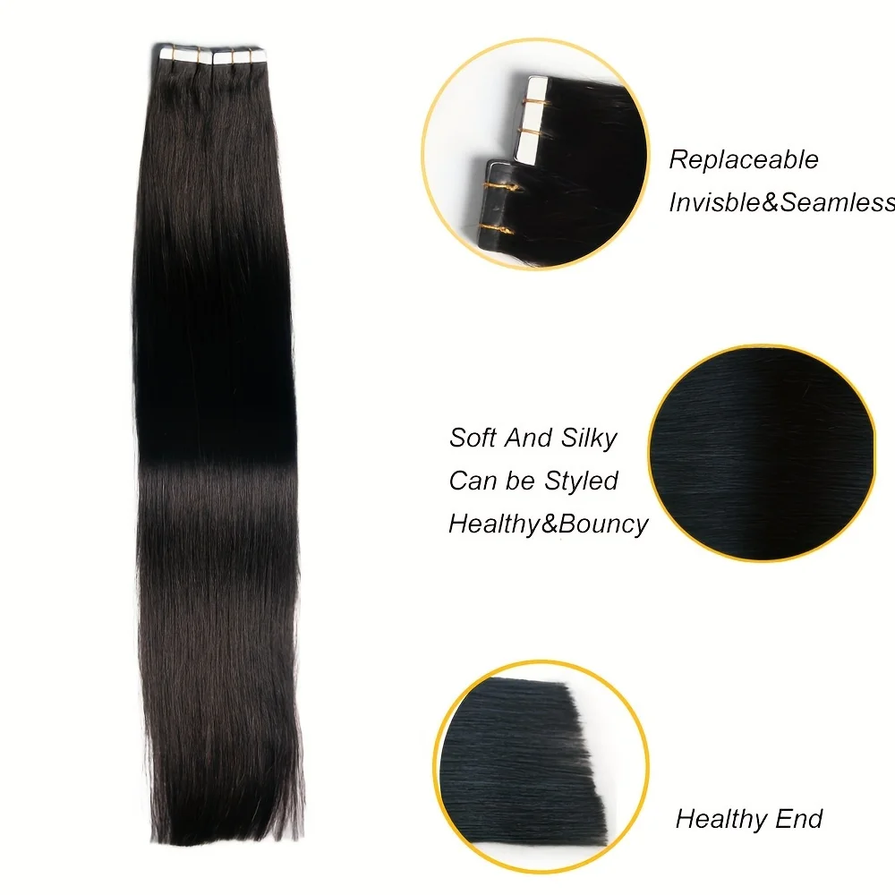 Straight Tape in Hair Extensions Human Hair Natural Black Remy Hair Extensions 40pcs/100g/Pack Tape Ins Human Hair Extensions